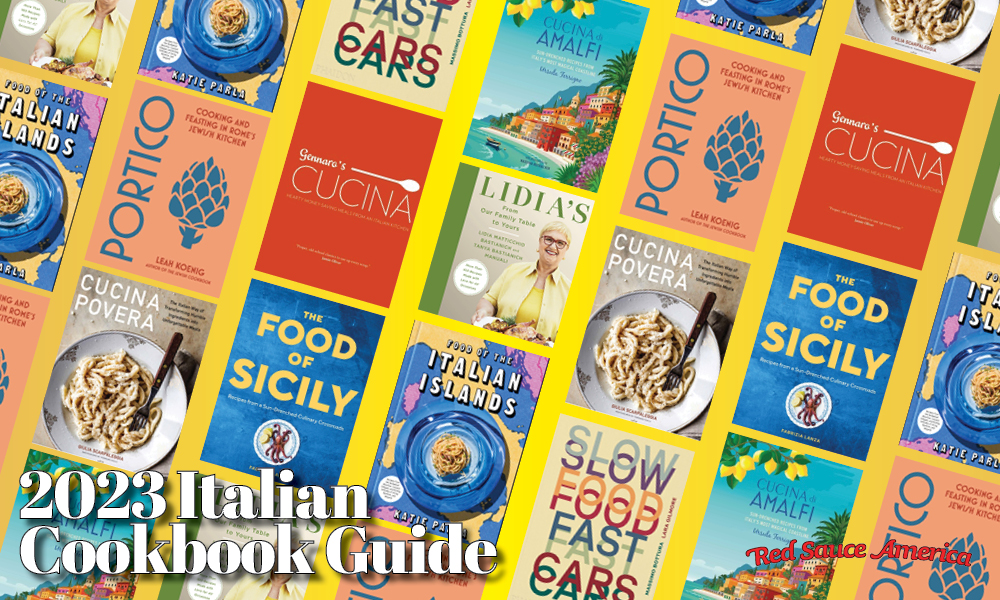 2023 Italian cookbook gift guide including Katie Parla's Food of the Italian Islands, Leah Koenig's Portico, The Food of Sicily, SLow Food Fast Cars, Cucina Povera and more