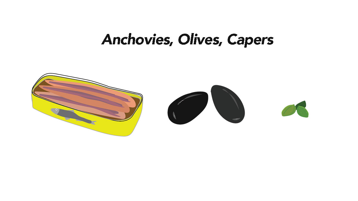 Vermicelli with Oliveoil, Olives, Capers, and Anchovies 1912 Red